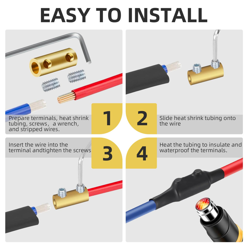 20PCS 6-10AWG 6 8 10 Gauge Wire Connector Nut Kit, 80Amp Screw Quick Wiring Connection Terminal, Splicing Quick Wire Connectors, Circuit Wire Butt Bras Connector with Heat Shrink Tube Wrench