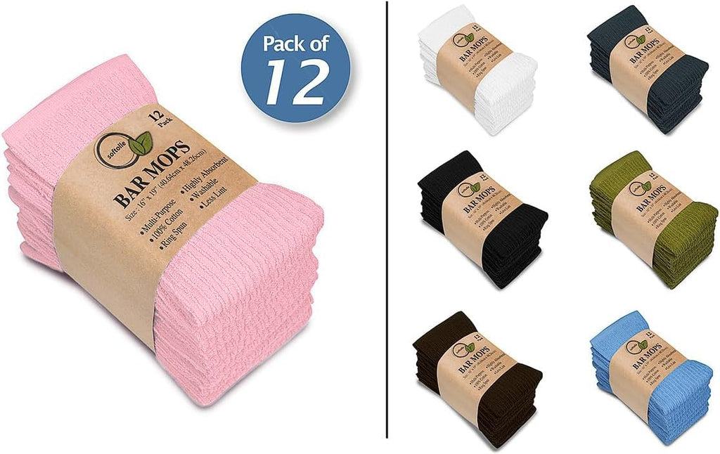 Softolle Bar Mop Towels, Pack of 12-16x19 Inches - 100% Cotton Super Absorbent Towels, Multi-Purpose for Home and Bar Cleaning (Pink)