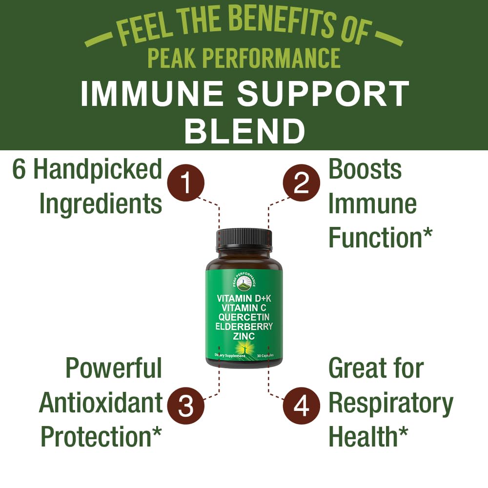 Peak Performance Immune Support Supplement - 6 Top Ingredients Vitamin D3 K2, Vitamin C, Elderberry, Zinc, Quercetin - Includes 5000 IU Vitamin D - Immunity Capsules - Supplements for Women and Men