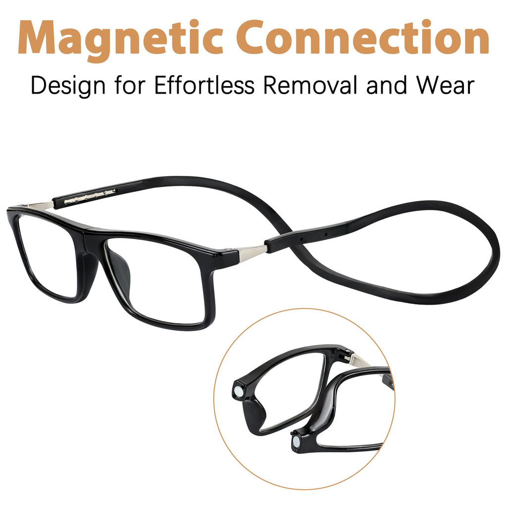Ouolipraa Magnetic Reading Glasses for Men and Women Neck Hanging Blue Light Blocking Computer Readers Anti Glare Eyeglasses UV400 Protection Rectangular Frames Eyewear Lightweight Foldable Black 2.0