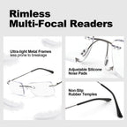 SKYOAK 2 Pack Executive Frameless Progressive Multifocus Reading Glasses for Men, Metal Rimless Blue Light Blocking Computer Readers Anti Eye Strain/UV No-Line Rectangular Multifocal Eyeglasses, 1.75x