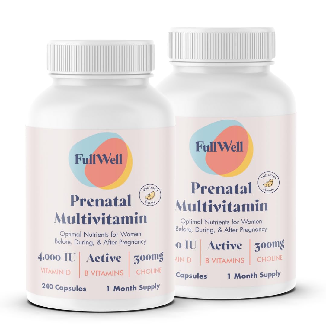 FullWell Women's Prenatal Multivitamin with Lemon Essence - Healthy Pregnancy Support - Contains Choline & Folate - Supports Fetal Growth & Brain Development* - 240 Count (60 Servings, 2 Pk)