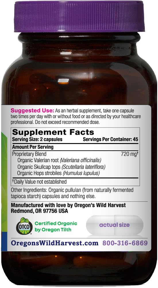 Oregon's Wild Harvest Muscle Relax Organic Herbal Supplement Vegan Capsules with Valerian, Hops and Skullcap - 90 Count