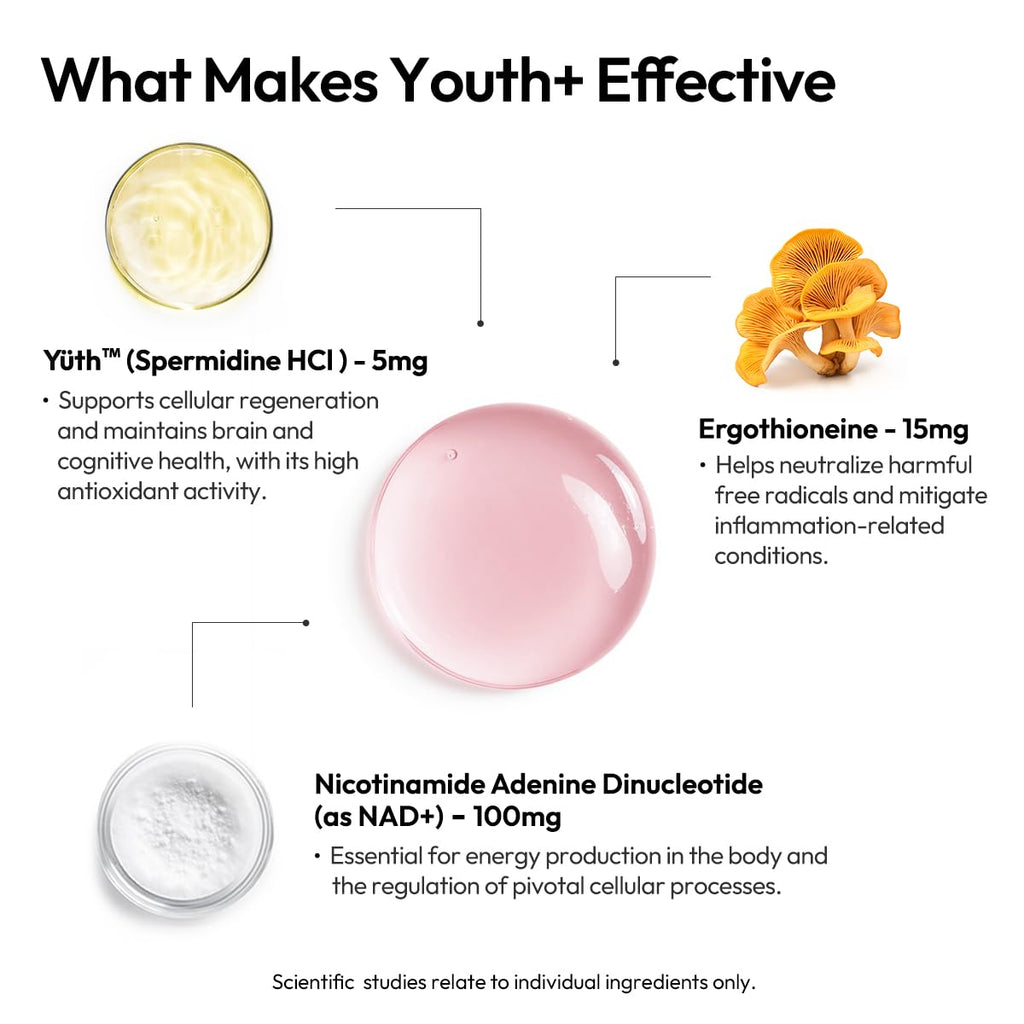BIGVITA Youth+ | NAD+, Spermidine, and Ergothioneine Shots for Anti-Aging, Energy, Skin & Hair Health, Cognitive Support | Ready-to-Drink Supplement | Beauty from Within | Vegan, Made in USA