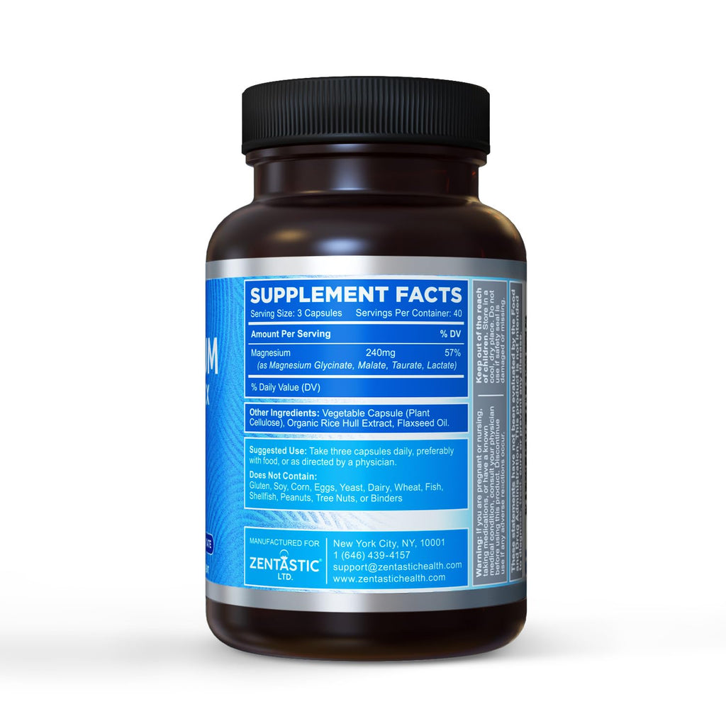 Zentastic Magnesium Complex 4-in-1 Supplement – Magnesium Glycinate, Malate, Taurate & Lactate – Chelated High Absorption for Nerves, Muscles, Bones & Immune Support – 120 Capsules