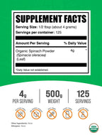 BulkSupplements.com Organic Spinach Powder - Herbal Supplement, Spinach Powder Organic - Green Superfood, Vegan & Gluten Free - 4g per Serving, 500g (1.1 lbs) (Pack of 1)