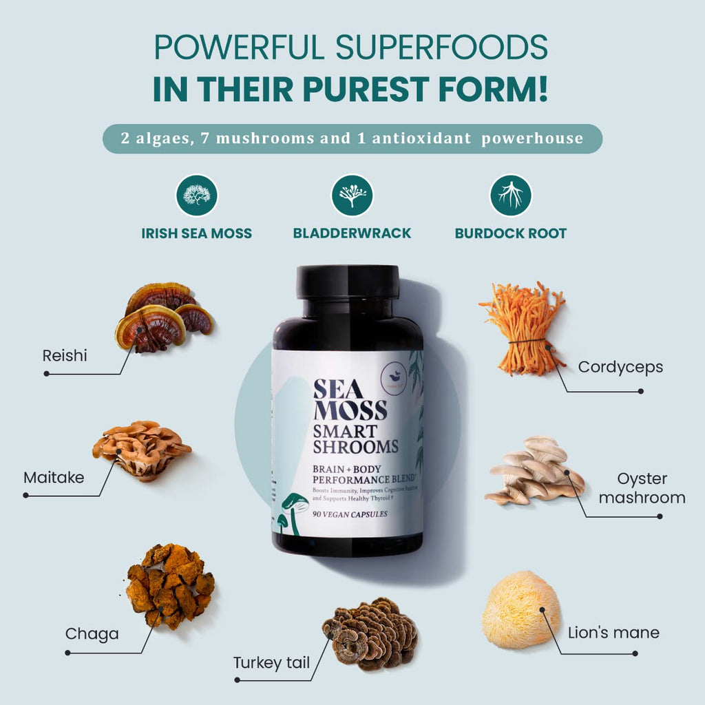 HAPPY FOX Irish Sea Moss Capsules & Mushroom Complex - Organic Seamoss with Adaptogens for Brain Health, 1500mg, 90 Vegan Capsules, Organic Mushroom Supplement