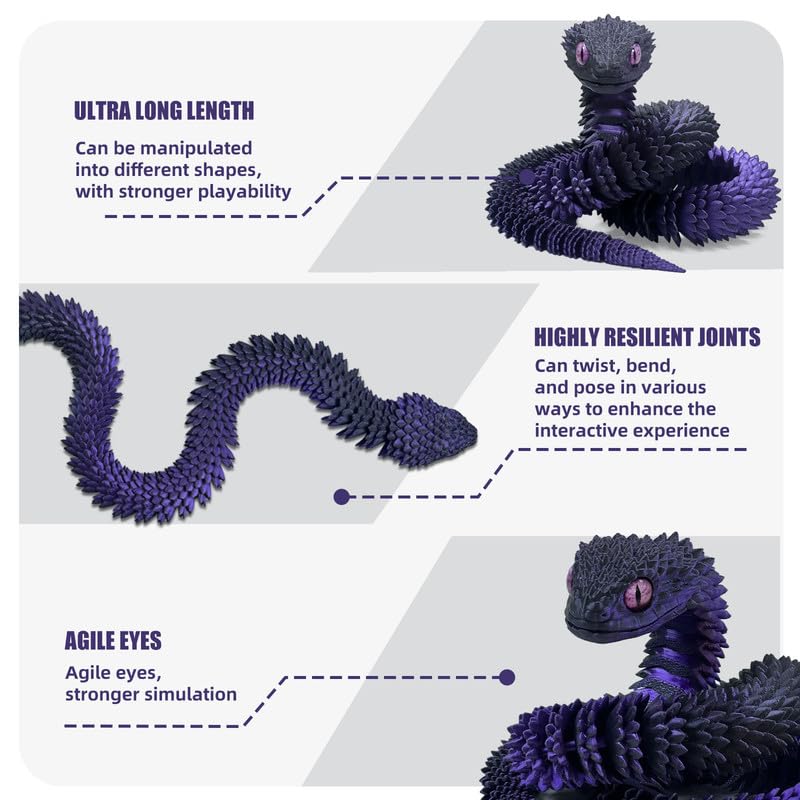 30 Inch 3D Printed Snake - Movable Articulated Snake, Perfect 3D Printed Animals for Educational Toys! Must-Have Toys for Kids and Collectors, Home Office Executive Desk Decor (Black Purple)