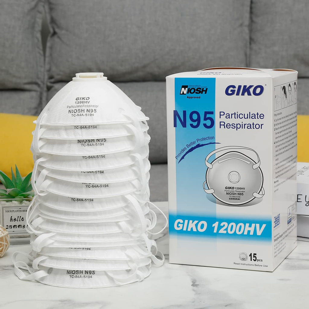 GIKO N95 Respirator Masks - 15Pcs NIOSH Certified Safety Masks Cup Particulate Respirator Mask with Breathing Valve for Adult, Men, Women, White