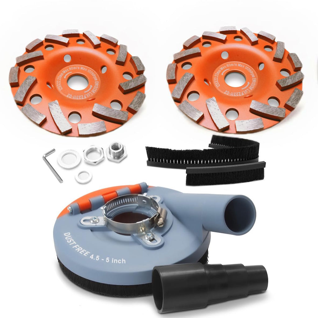 Wohenhao Dust Shroud for Angle Grinder 4.5-5 inch + 2 PCS Diamond Grinding Cup Wheel 5 inch + Replacement Brush, Universal Surface Grinding Shroud Kit for Various Surfaces