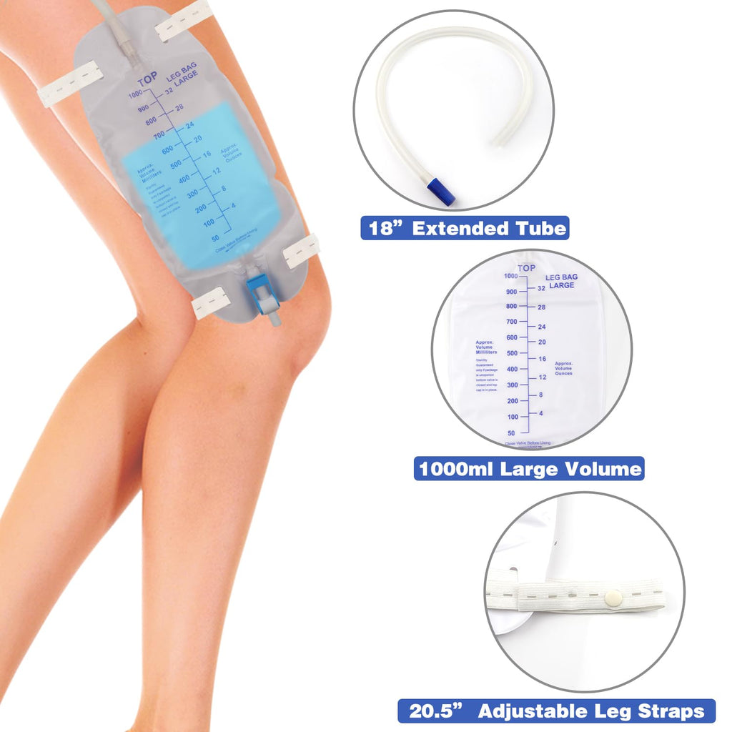 3 Pack Catheter Bags, Premium Easy-Tap Leg Bag Urinary Drainage Bag, 32 Oz with 3 18” Tubing, Anti-Reflux Valve, with Cloth Straps to Attach to Your Foot, Advanced Flip Drain for EZ Disposal