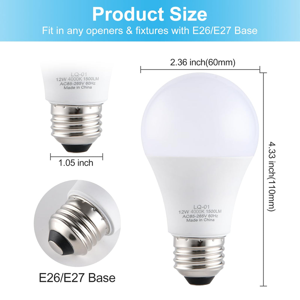 LQ BSDERA 4PK 4000K,Garage Door Opener Light Bulbs, 1500LM Ultra Bright, Minimize Interference, Compatible with Most Garage Door Openers, 12W, 120V, A19 Bulbs with E26 Base