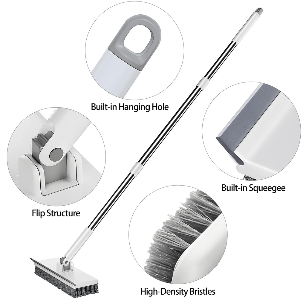 Purexa Floor Scrub Brush with 55" Long Handle, 2-in-1 Floor Brush with Built-in Squeegee, Adjustable Angle Head and Stiff Bristles for Tile, Wood, Concrete & Textured Floor Cleaning