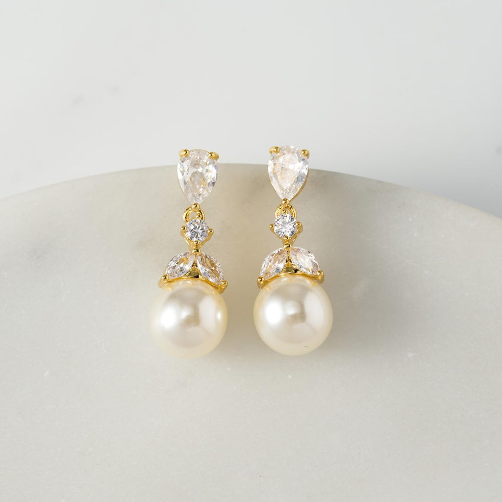 SWEETV Cubic Zirconia Pearl Drop Wedding Earrings for Brides, Ivory Bridal Pearl Earrings for Bridesmaid Jewelry Gift (01.Style 1-Gold)