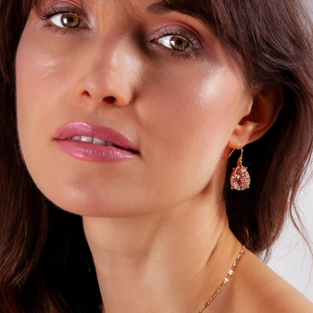 Rose Gold Tone Earrings for Women Dangling, Pink Faux Druzy Teardrop Dangle