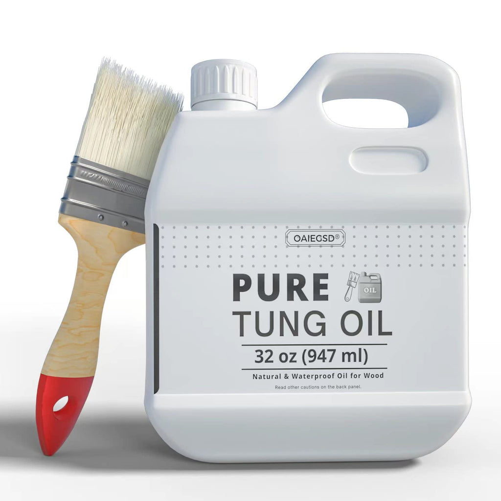 OAIEGSD 32oz 100% Pure Tung Oil for Wood Outdoor with Brush, Safe Food Grade Tung Oil for Wood Finish, Natural Waterproof Sealer Can Used on Cutting Boards, Outdoor Furniture, Butcher Blocks