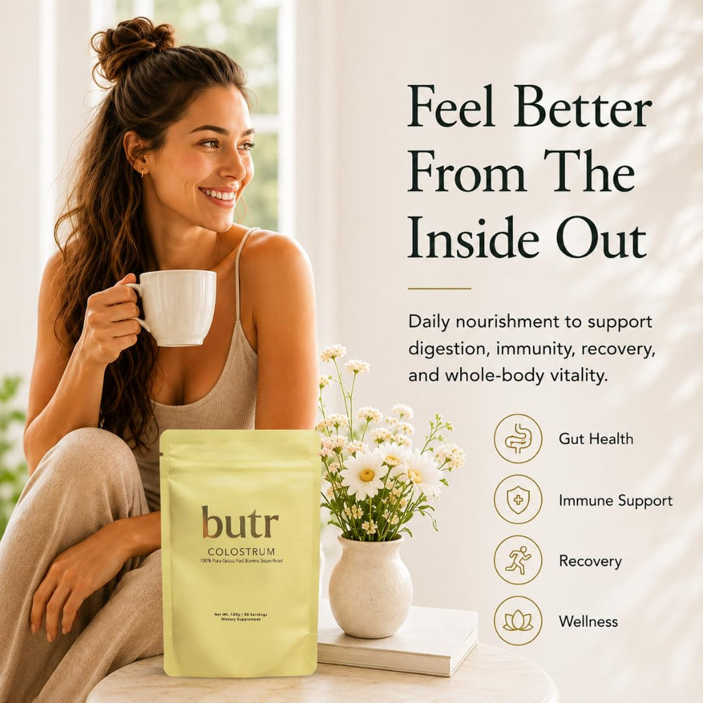 butr Grass-Fed Bovine Colostrum Powder | 4g Colostrum Per Serving | Immunoglobulins | First Day Milking | Gut Health, Immune Support, Recovery & Daily Wellness | Unflavored | 30 Servings