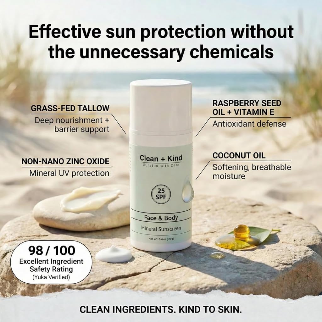 Tallow Sunscreen SPF 25 with Non-Nano Zinc Oxide – Natural Mineral, Reef-Safe & Non-Toxic Sunblock for Face & Body – Non-Greasy, Moisturizing Protection for Sensitive Skin (3.4 oz)