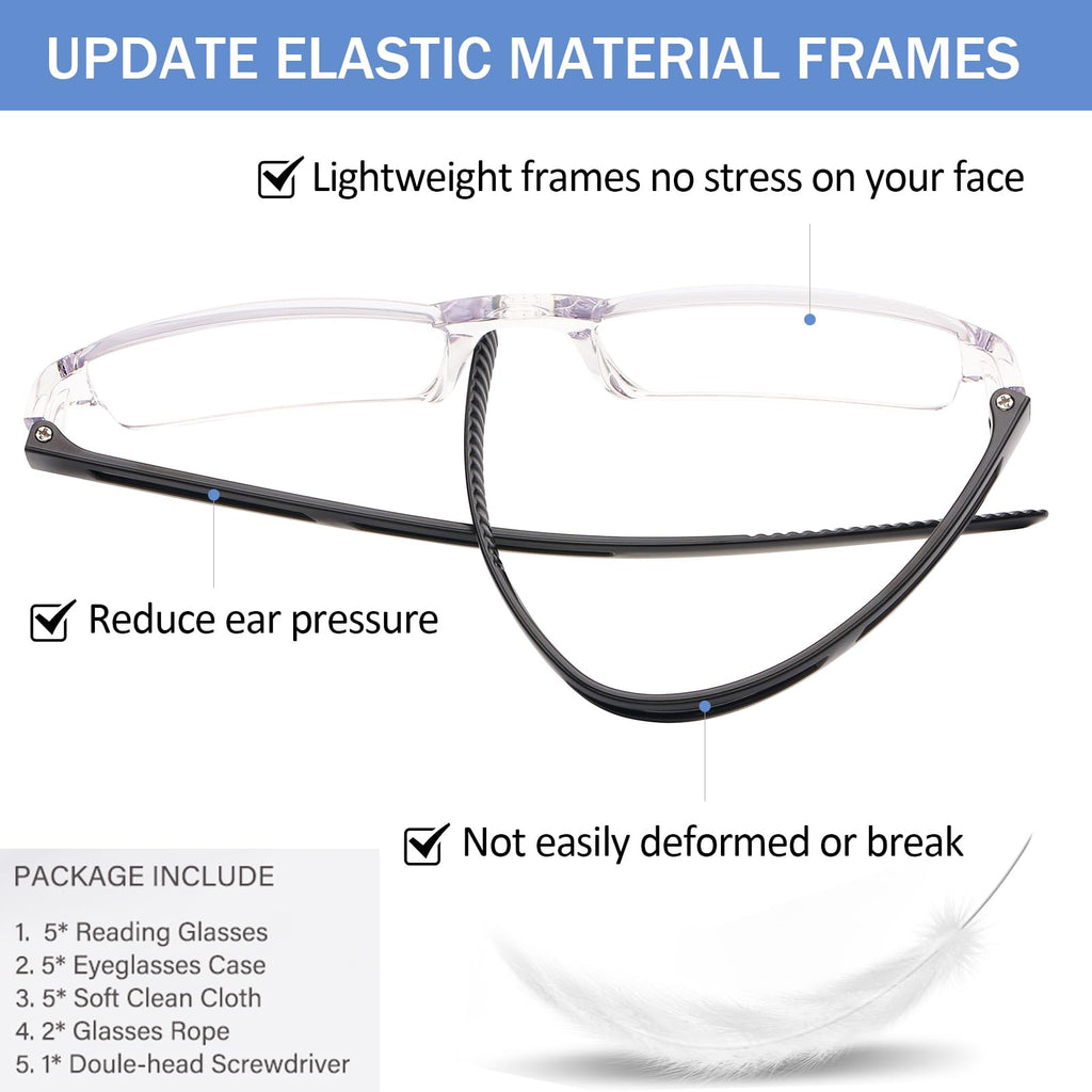 AQWANO Blue Light Blocking Computer Reading Glasses 5 Pack Clear Frame Rimless Readers Anti Glare Filter Lightweight for Women Men, 2.5