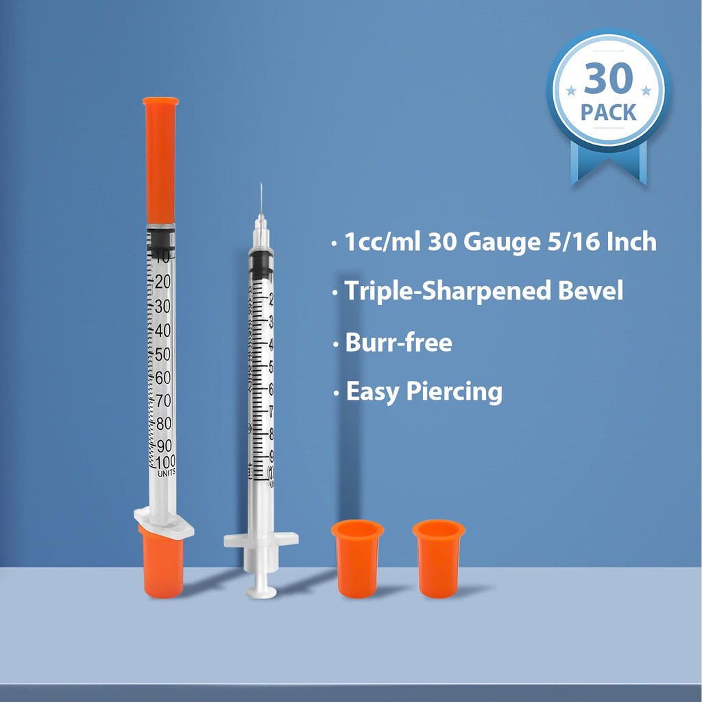 30 Pack U-100 Syringes with Needle, 1ml 30G 5/16" 8mm Syringe