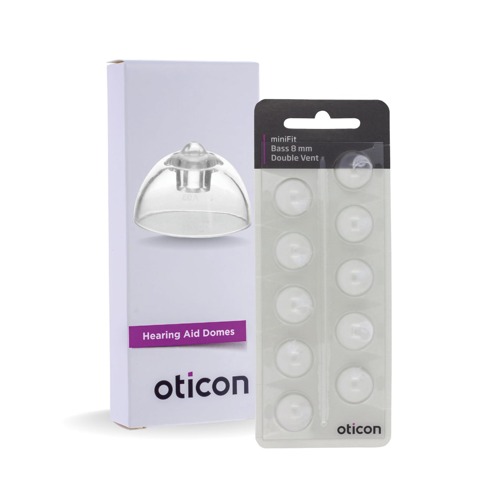 Genuine Oticon Hearing Aid Domes MiniFit Double Vent Bass 8mm (0.31 inches - Medium), Oticon Branded OEM Denmark Replacements, Authentic Accessories for Optimal Performance -1 Pack/10 Domes Total