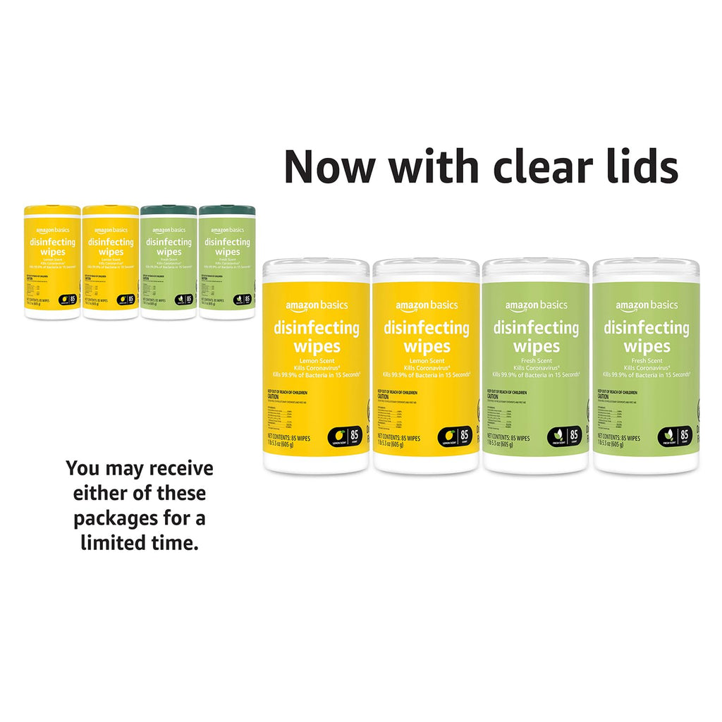Amazon Basics Disinfecting Wipes, Lemon & Fresh Scent, Sanitizes/Cleans/Disinfects/Deodorizes, 1020 Count (12 Packs of 85)