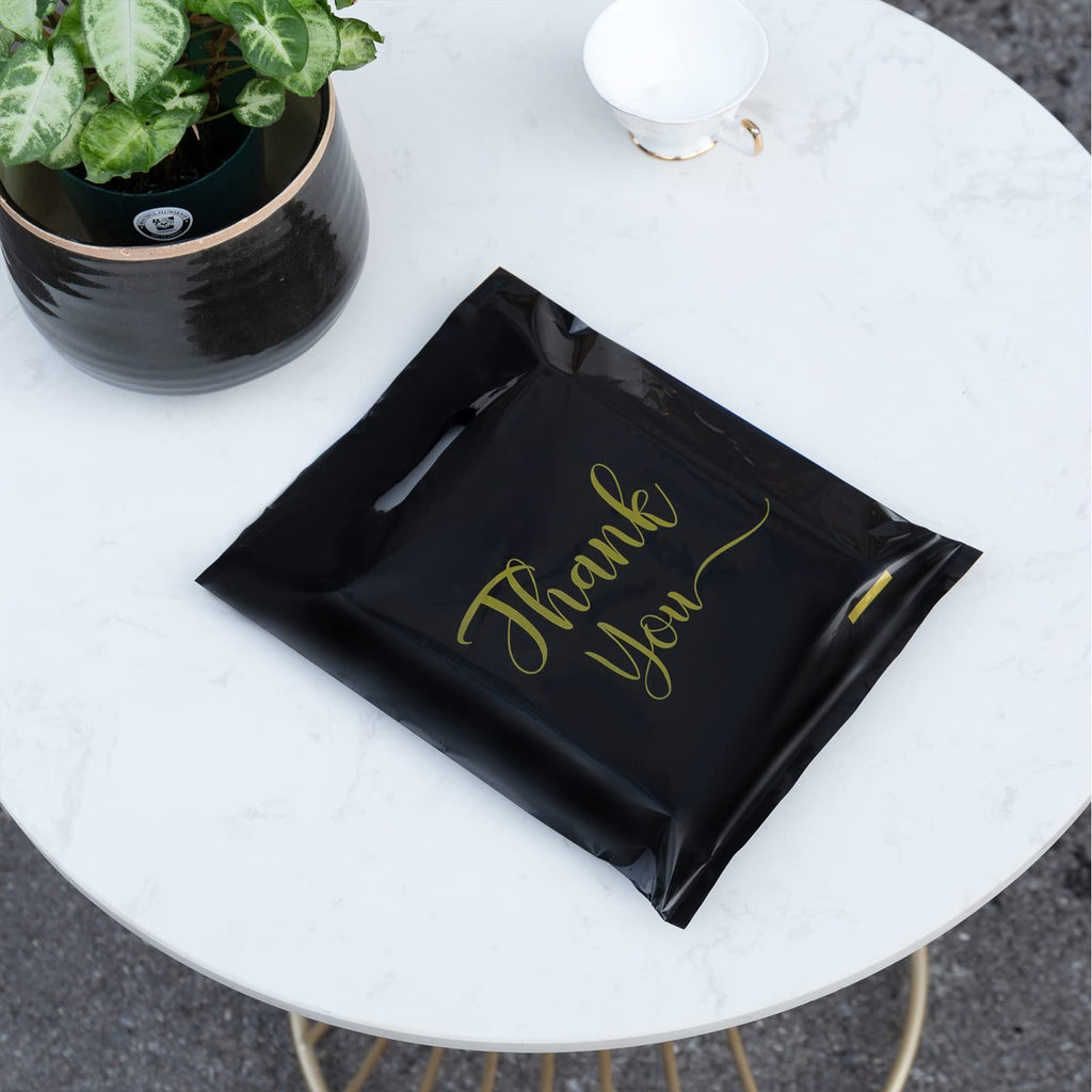 MLAFLY Thank You Bags for Business Small, 100 Pack Plastic Shopping Bags for Small Business, Merchandise Bags for Packaging Products, Retail Boutique Bags for Wholesale (Black,Medium(12x15))