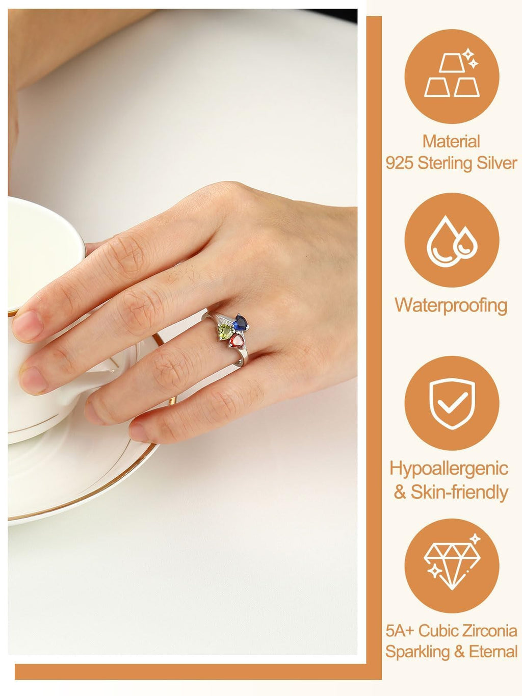 Custom4U Personalized Mothers Ring 3 Birthstones Rings for Women Custom