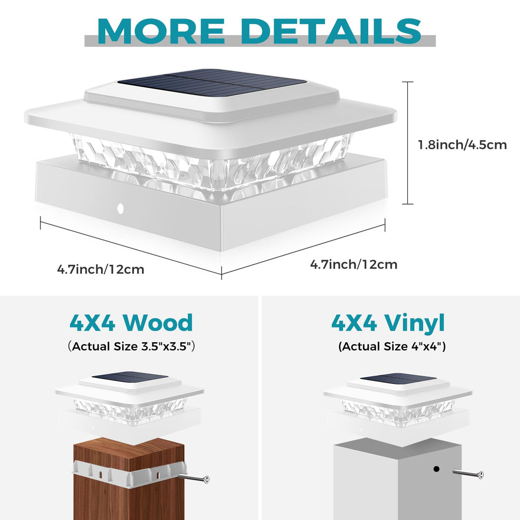 kolpop 4x4 Solar Post Cap Lights Outdoor 8Pack- 3 Color Temperatures&2 Level Brightness, IP65 Waterproof, 16 LED Fence Deck Post Light Solar Powered Only for 4×4/3.5×3.5 Wood/Vinyl Posts(White)