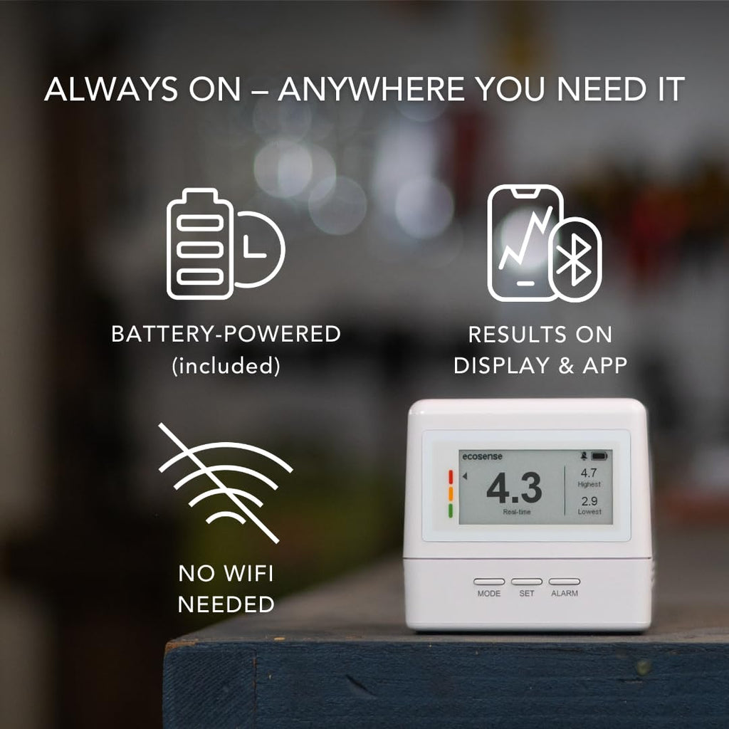 Ecosense EcoQube Flex Smart Radon Detector - Battery Powered Continuous Radon Monitor for Home Use with Always-On Display, Bluetooth App, Daily, Weekly, Monthly & Yearly Fluctuations on App