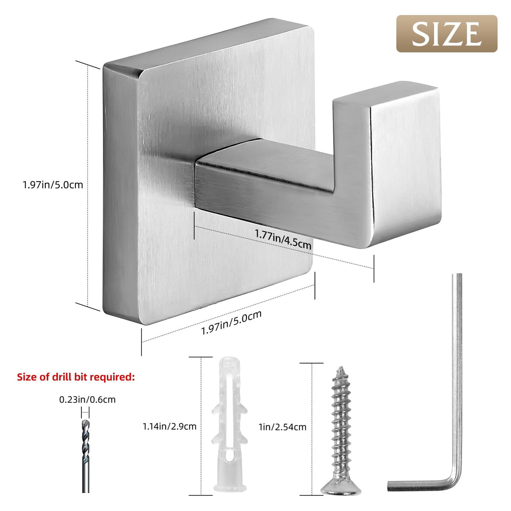 Fenas Heavy Duty Stainless Steel Towel Hooks, Wall Mounted Square Robe Hooks for Bathroom, Kitchen, Bedroom, Hotel Brushed Nickel 2 Pack