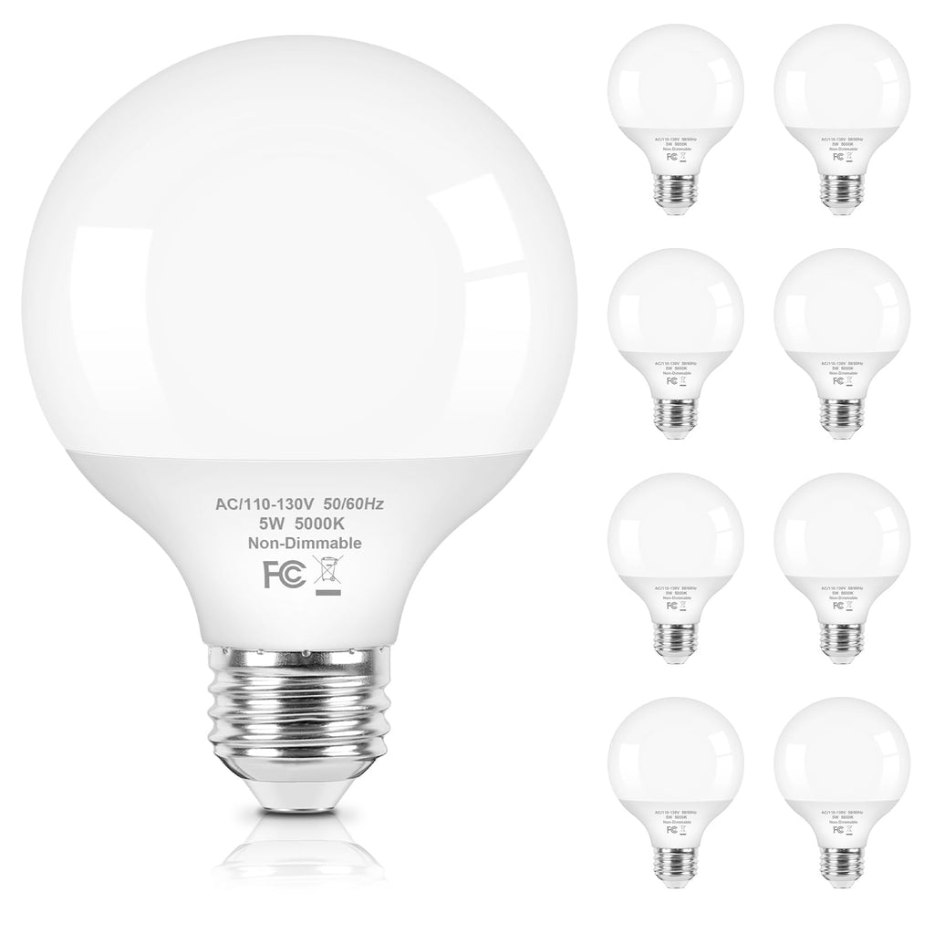 Brightever G25 Globe Light Bulbs 60 Watt, 5W 5000K Daylight White LED Vanity Light Bulbs, E26 Base Bathroom Light Bulbs Over Mirror, Non-Dimmable Round Light Bulb, 600LM, 8-Pack
