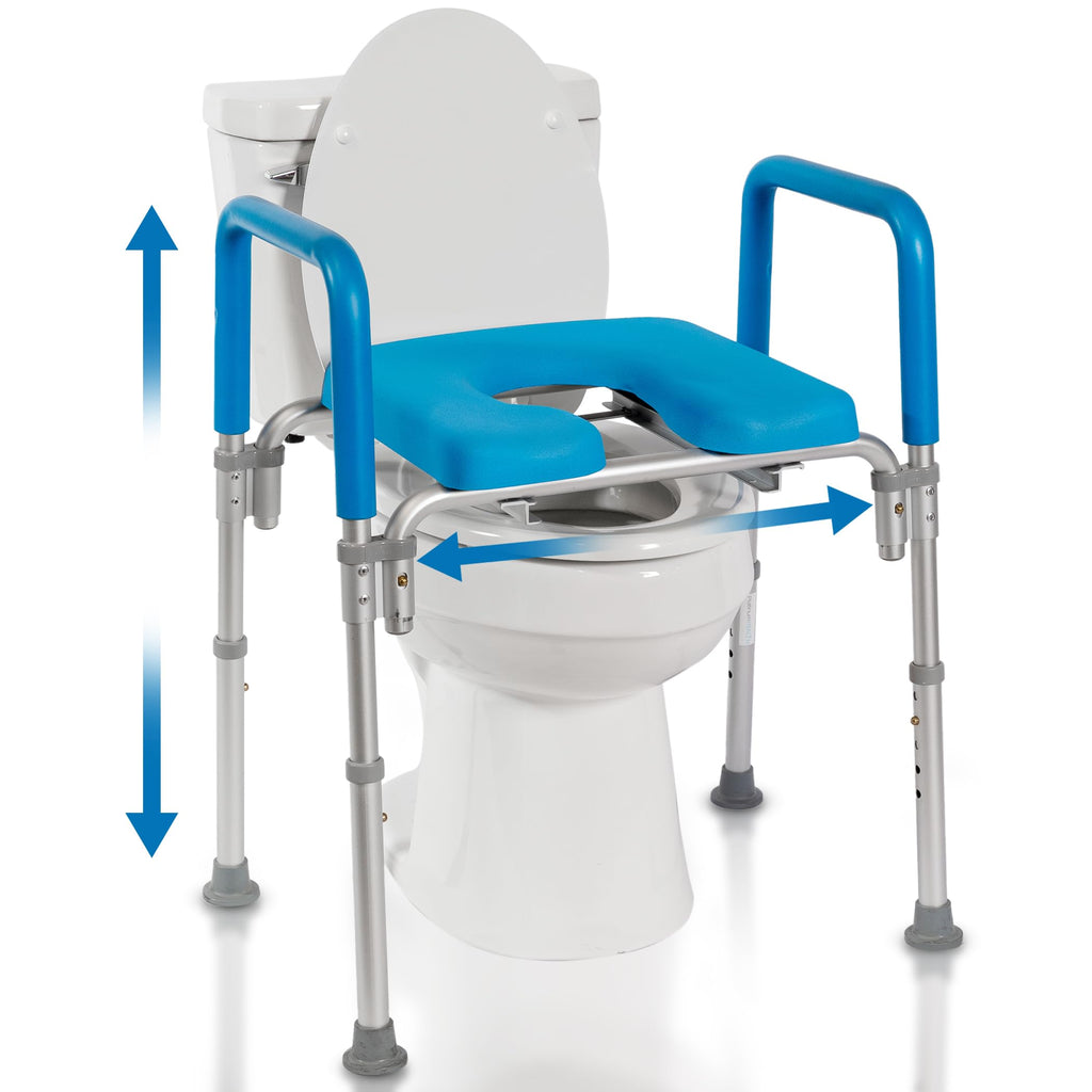 Ultimate Raised Toilet Seat with Handles, Bedside Commode, Padded Armrests, Adjustable Height, Premium Elevated Toilet Seat for Elderly Bathroom Safety with Arms, Standard and Elongated Toilets, Blue