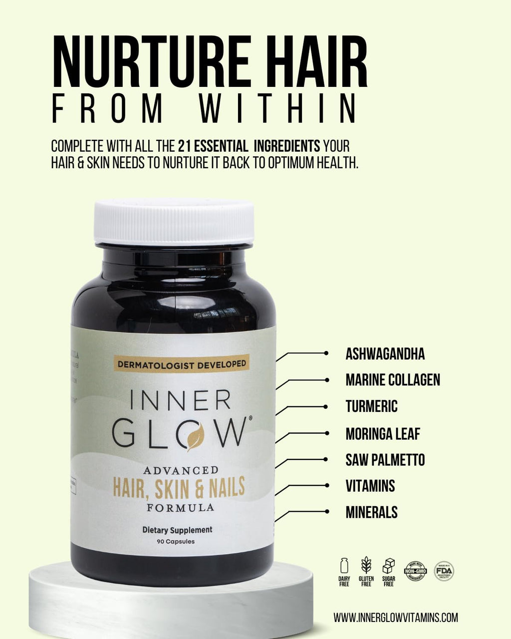 Inner Glow Advanced Hair, Skin & Nails Vitamins – Doctor-Developed Hair Supplement with Biotin, Collagen Peptides, Vitamin D & B12 – Clinically Tested 12-Week Results, Made in USA, Non-GMO