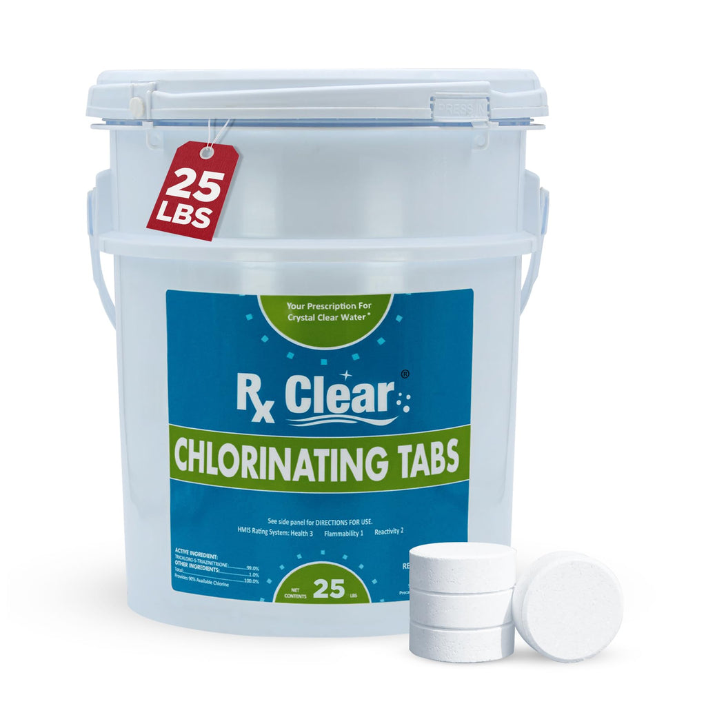 Rx Clear 3" Inch Chlorine Tabs | 25 Pounds | Individual Stabilized Chlorinating Tablets for Sanitizing Swimming Pools | Long Lasting, Slow Dissolving, and UV Protected