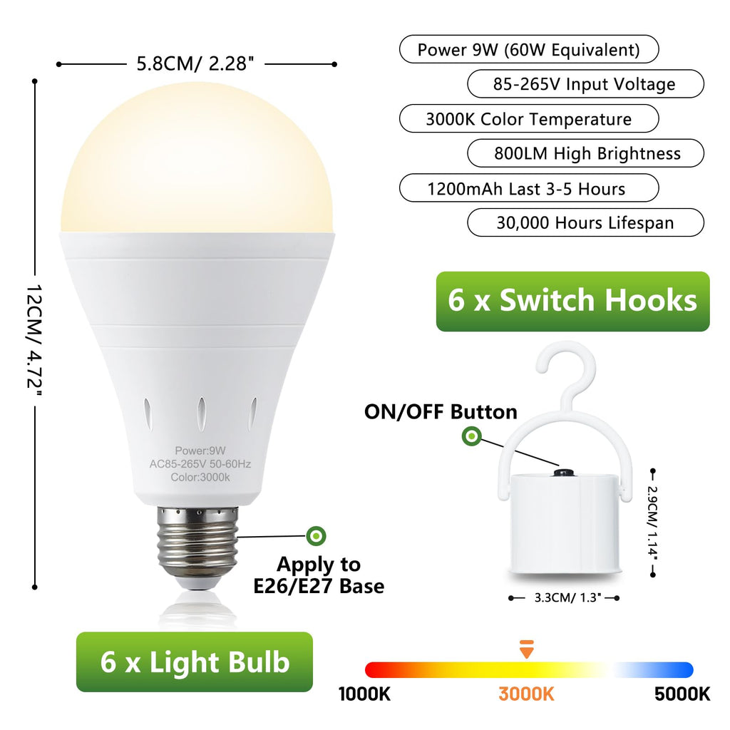 DEBAOBULB 20 Pack Rechargeable Emergency Light Bulbs, Battery Powered LED Light Bulb 3000K Warm E26 120 Volt 9W 60W Equivalent with 1200mAh for Home Power Outage Camping Hurricane