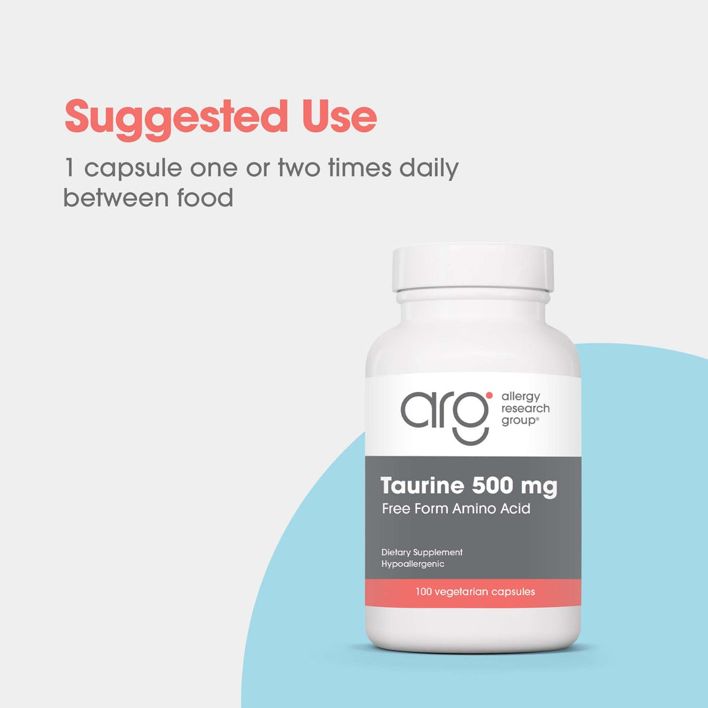 Allergy Research Group ARG Taurine 500 mg - Free Form Amino Acid Supplement - Heart & Electrolyte Support - Cellular Energy & Nervous System - Hypoallergenic - 100 Servings - 100 Capsules
