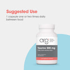 Allergy Research Group ARG Taurine 500 mg - Free Form Amino Acid Supplement - Heart & Electrolyte Support - Cellular Energy & Nervous System - Hypoallergenic - 100 Servings - 100 Capsules