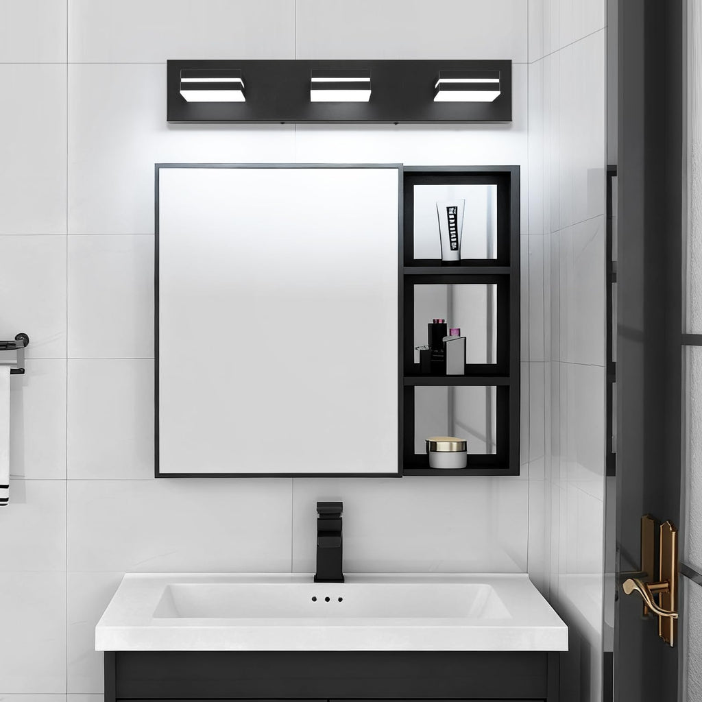 SineRise LED Modern Bathroom Vanity Light Fixtures, Modern Acrylic Bathroom Wall Lighting Fixtures Over Mirror, 3-Light, 24-Inch, Black, White