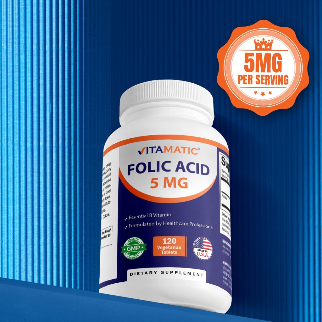 Vitamatic Folic Acid 5mg (5000 mcg) – 120 Vegetarian Tablets per Bottle | Pack of 2 (Total 240 Tablets) Vitamin B9 (Folate) | Supports Heart Health, Brain Function, and Prenatal Wellness