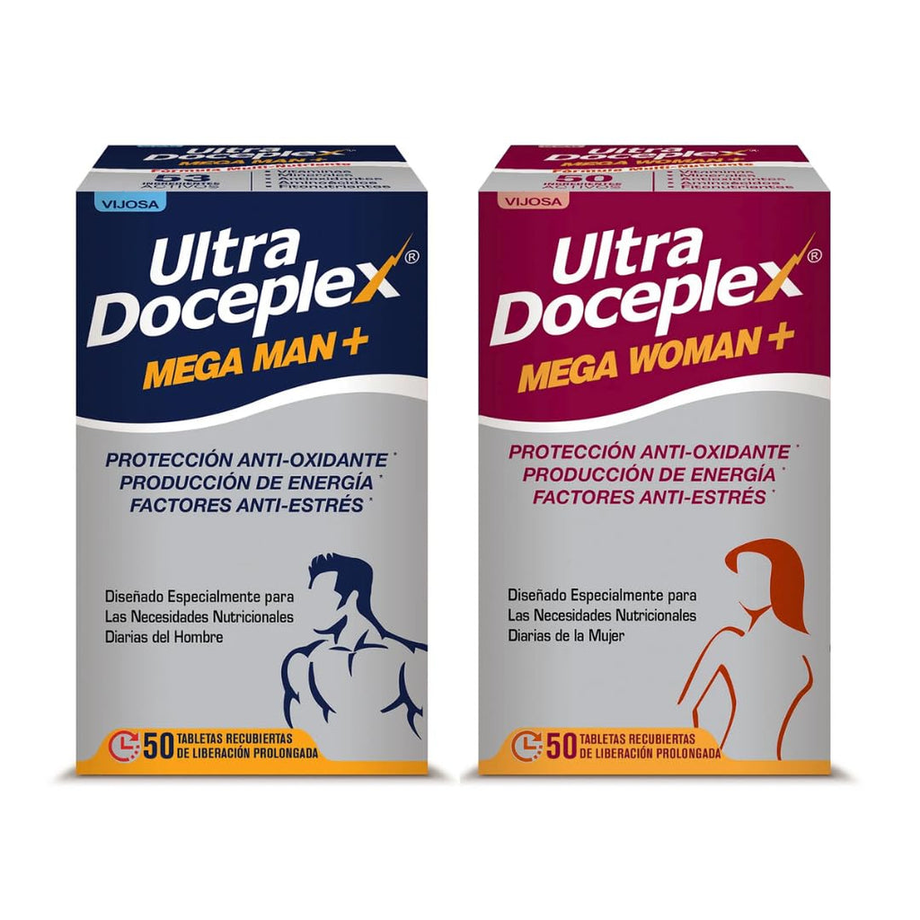 VIJOSA Ultra Doceplex Mega Man+ & Mega Woman+ – Antioxidant, Energy Boost, Stress Relief – 50 Prolonged-Release Tablets Each – Tailored Daily Nutrition for Men and Women