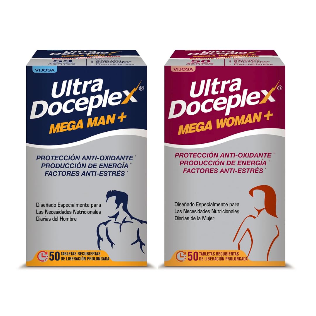 VIJOSA Ultra Doceplex Mega Man+ & Mega Woman+ – Antioxidant, Energy Boost, Stress Relief – 50 Prolonged-Release Tablets Each – Tailored Daily Nutrition for Men and Women