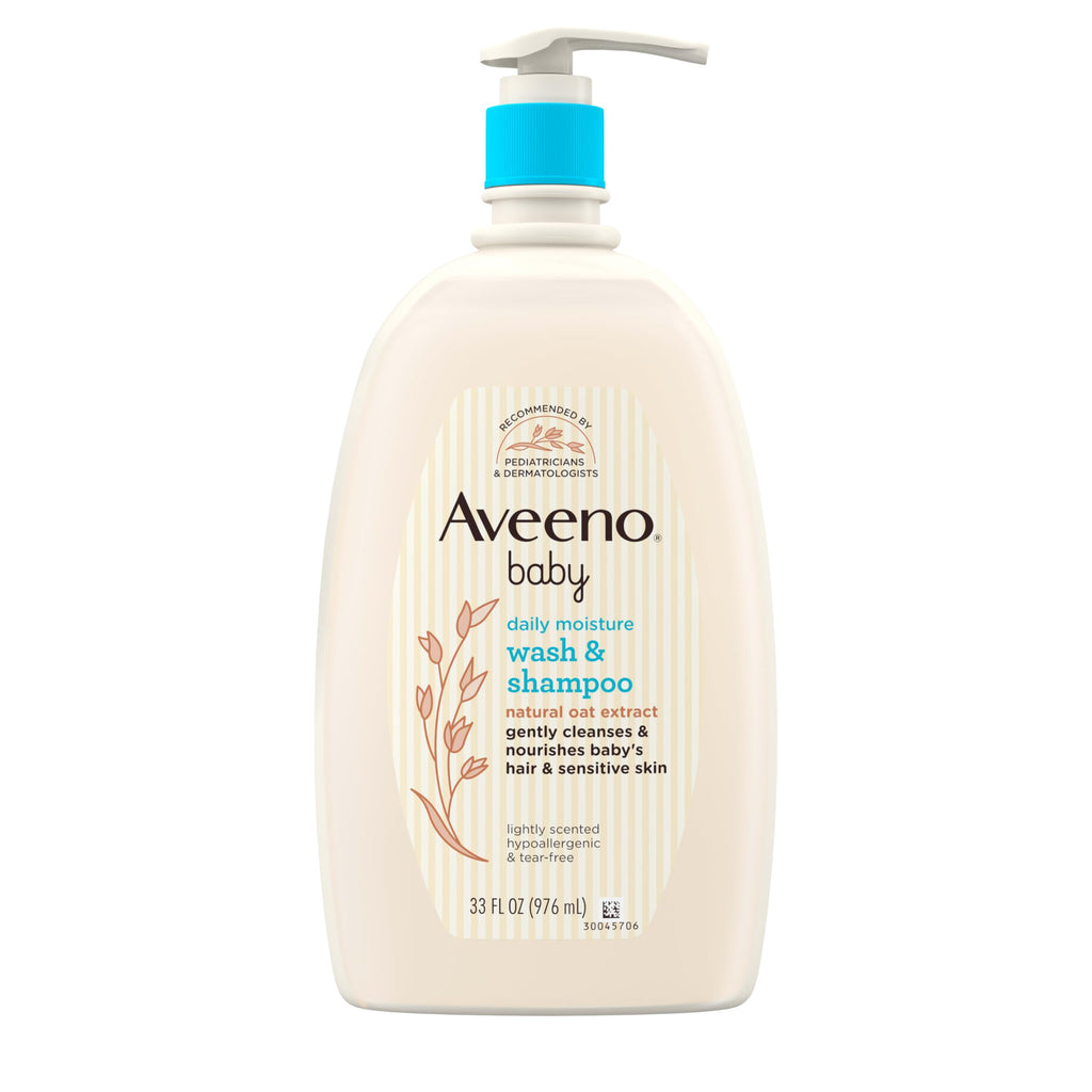 Aveeno Baby Daily Moisture Body Wash & Shampoo with Oat Extract, Hypoallergenic, Tear-Free, No Added Parabens, pH-Balanced Formula For Sensitive Hair & Skin, Baby Essentials, 33 fl oz