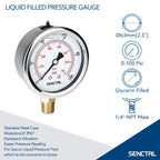 SENCTRL 0-100 Psi Liquid Filled Low Pressure Gauge, 1/4" NPT Lower Mount