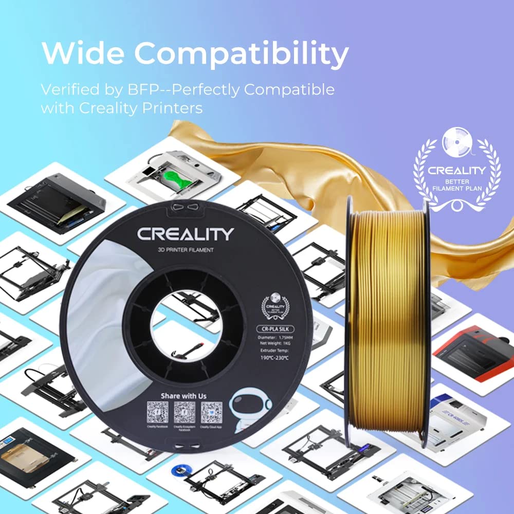 Creality Silk PLA Filament 1.75mm Gold, Shiny Metallic 3D Printer Filament 1Kg Spool, Dimensional Accuracy +/- 0.02mm, Compatible with Most FDM 3D Printers(Gold)