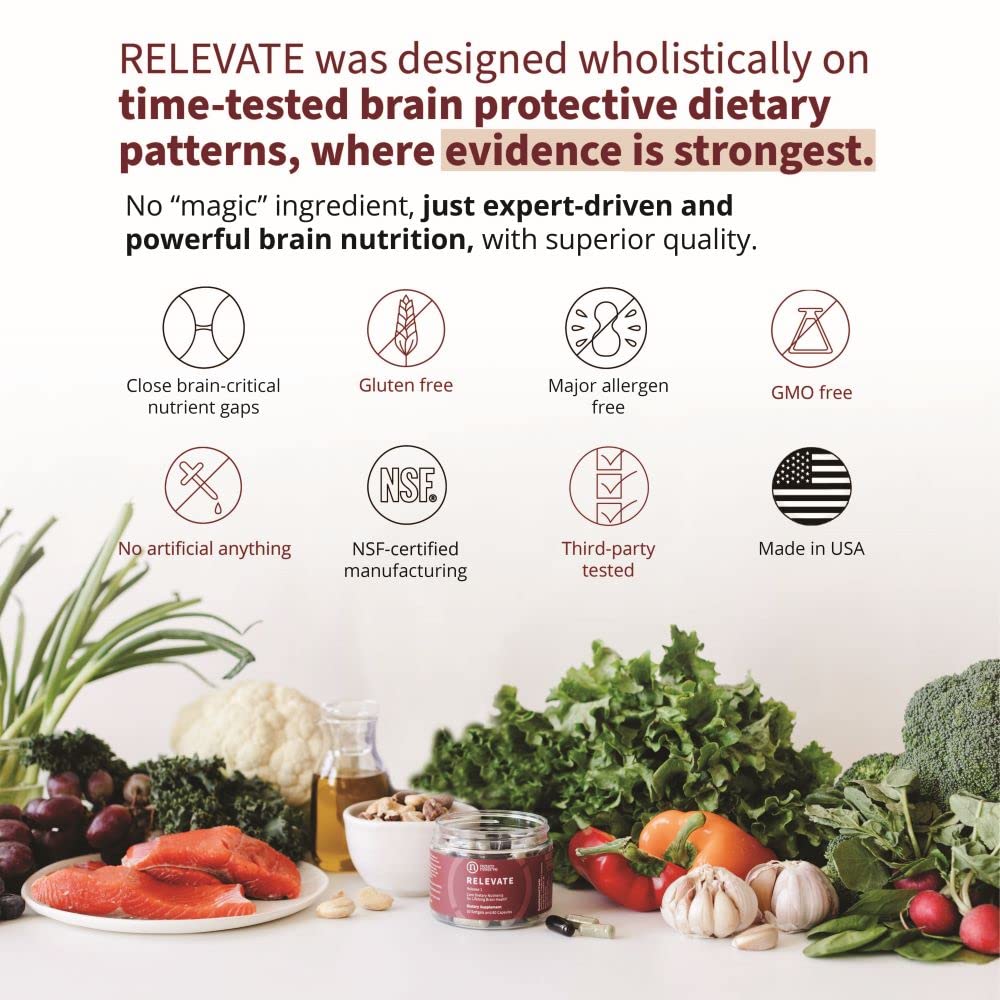 RELEVATE Brain Health Supplement; Memory, Focus, Energy, Sleep, Eyes & Healthy Aging; Doctor Formulated; Quercetin, Lutein, Magnesium Glycinate, Omega 3 DHA EPA, Vitamin B12, B3, D3