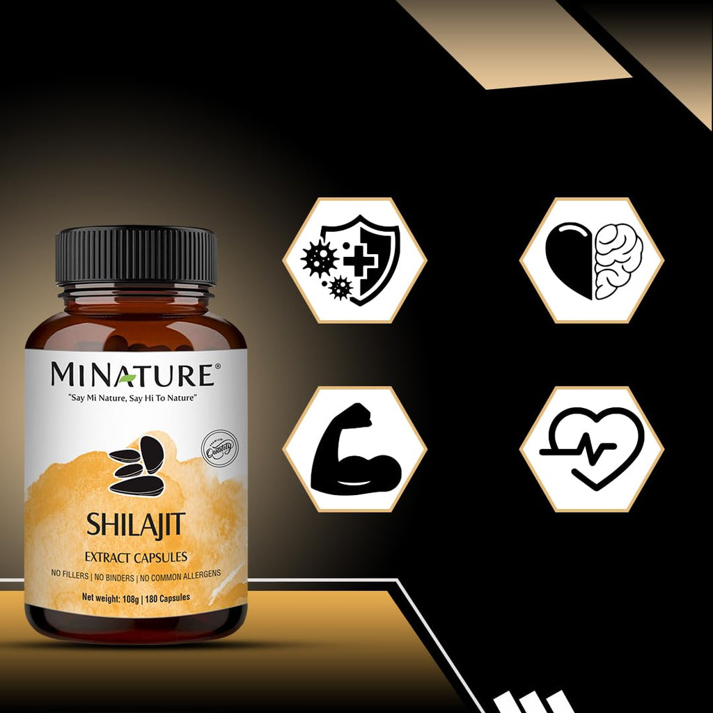 Shilajit Capsules - Non GMO Extract by mi Nature | 180 Veg Caps | Promotes Vibrant Energy & Vitality| 1000 mg | 100% Only Shilajit Extract Capsules | Fulvic Acid