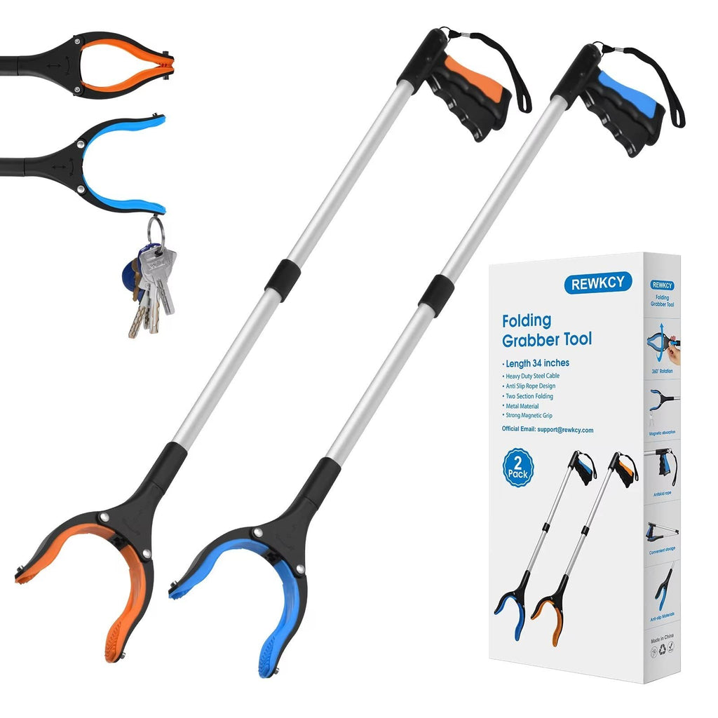 REWKCY 34" Grabber Reacher Tool, 2-Pack Foldable Reacher Grabber Pickup Tool with 360° Rotating Jaw & Magnets, Grabber Tool Heavy Duty