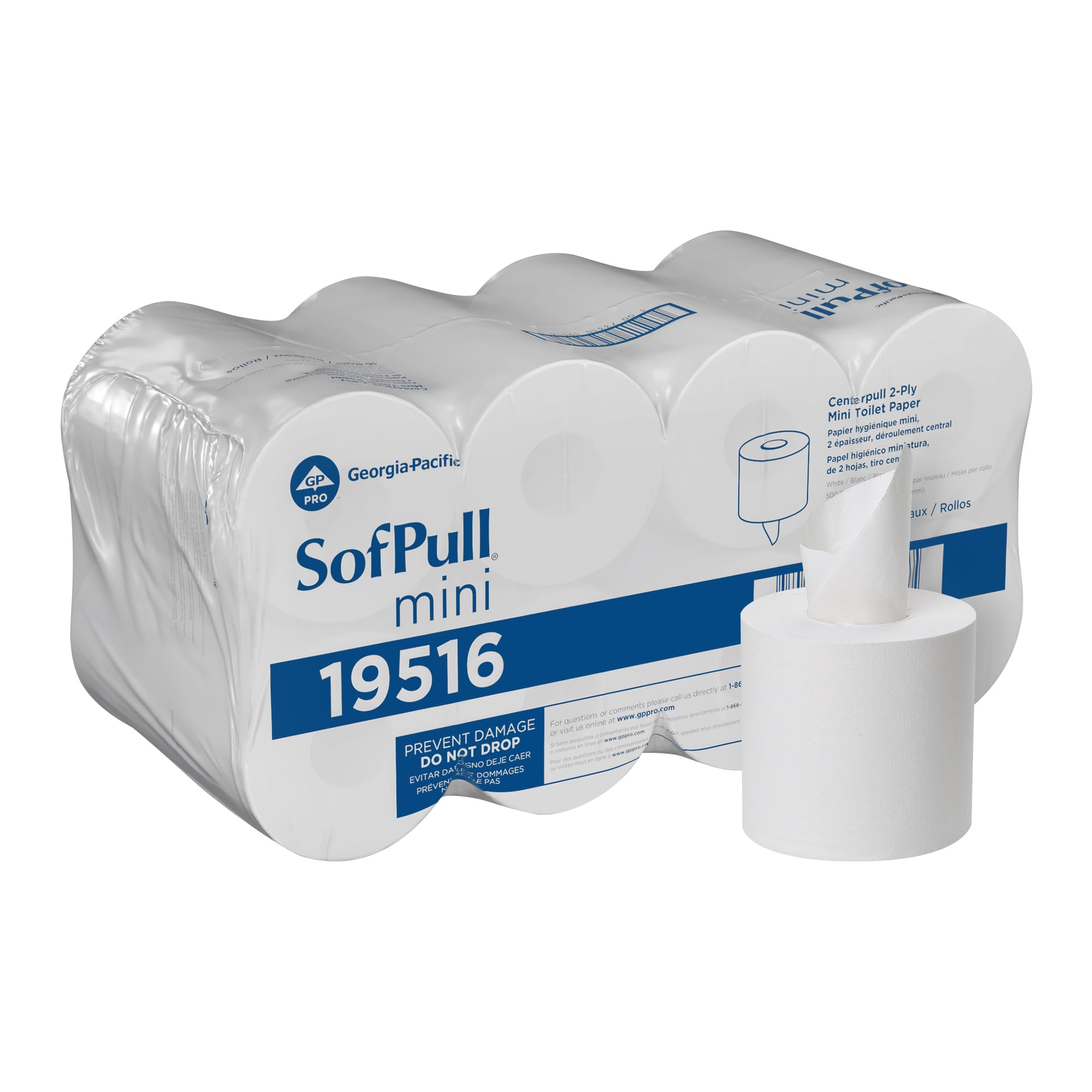 Georgia-Pacific SofPull Centerpull 2-Ply Mini Toilet Paper by GP PRO, 19516, 500 Sheets Per Roll, 16 Rolls Per Case, White