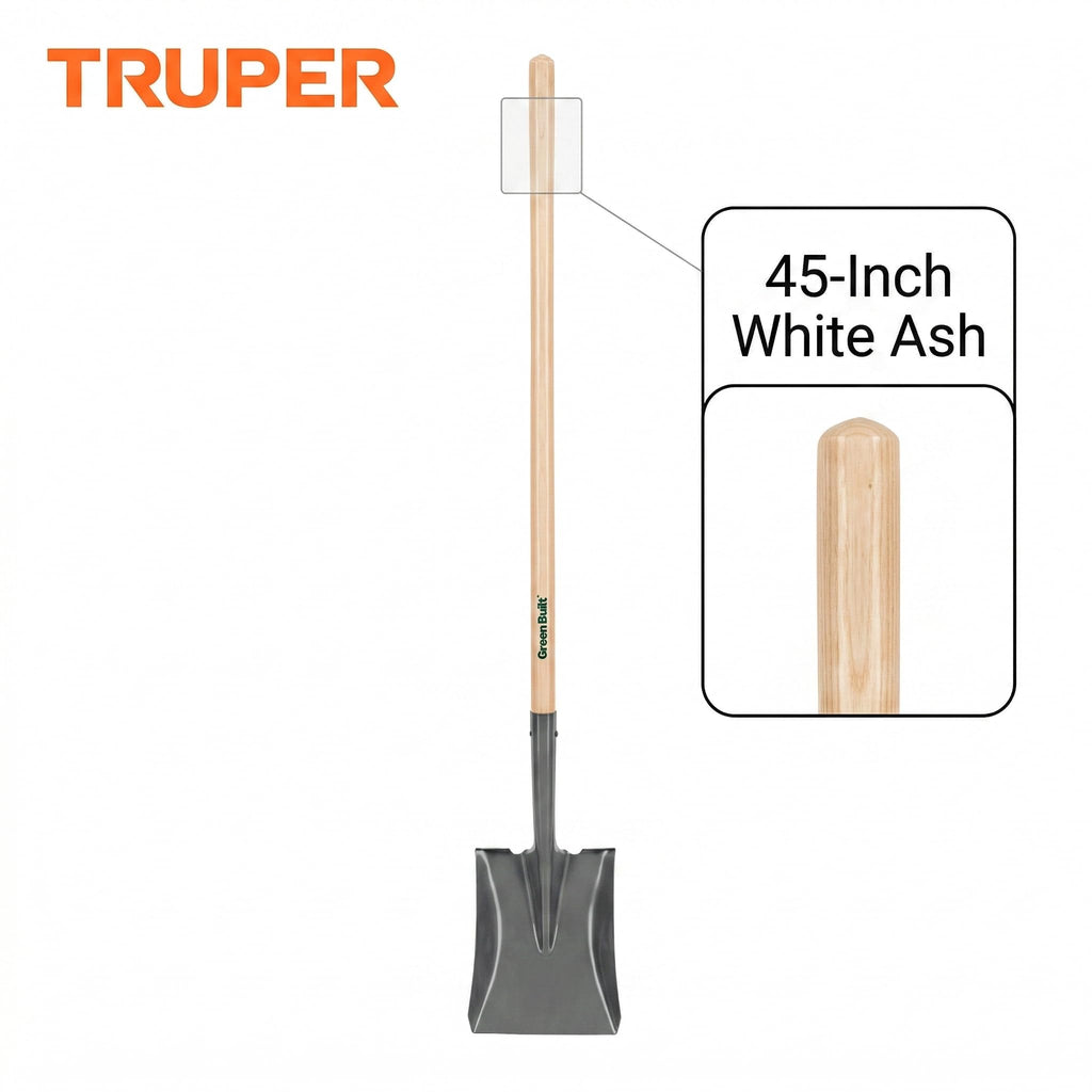 Truper Tru Built Square-Point Shovel, 45-Inch Wood Handle with 9-Inch Cushion Grip, Rolled Step Steel Blade, Heavy-Duty Scooping and Transfer Shovel (Model PCL-PE / 31174)